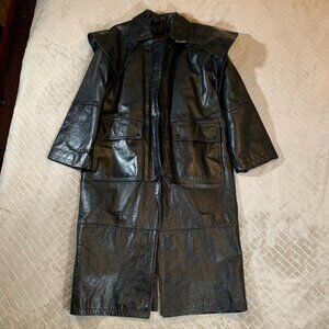 Jamin Leather Mens XS Long Trench Coat Black with Cape and Removable Lining